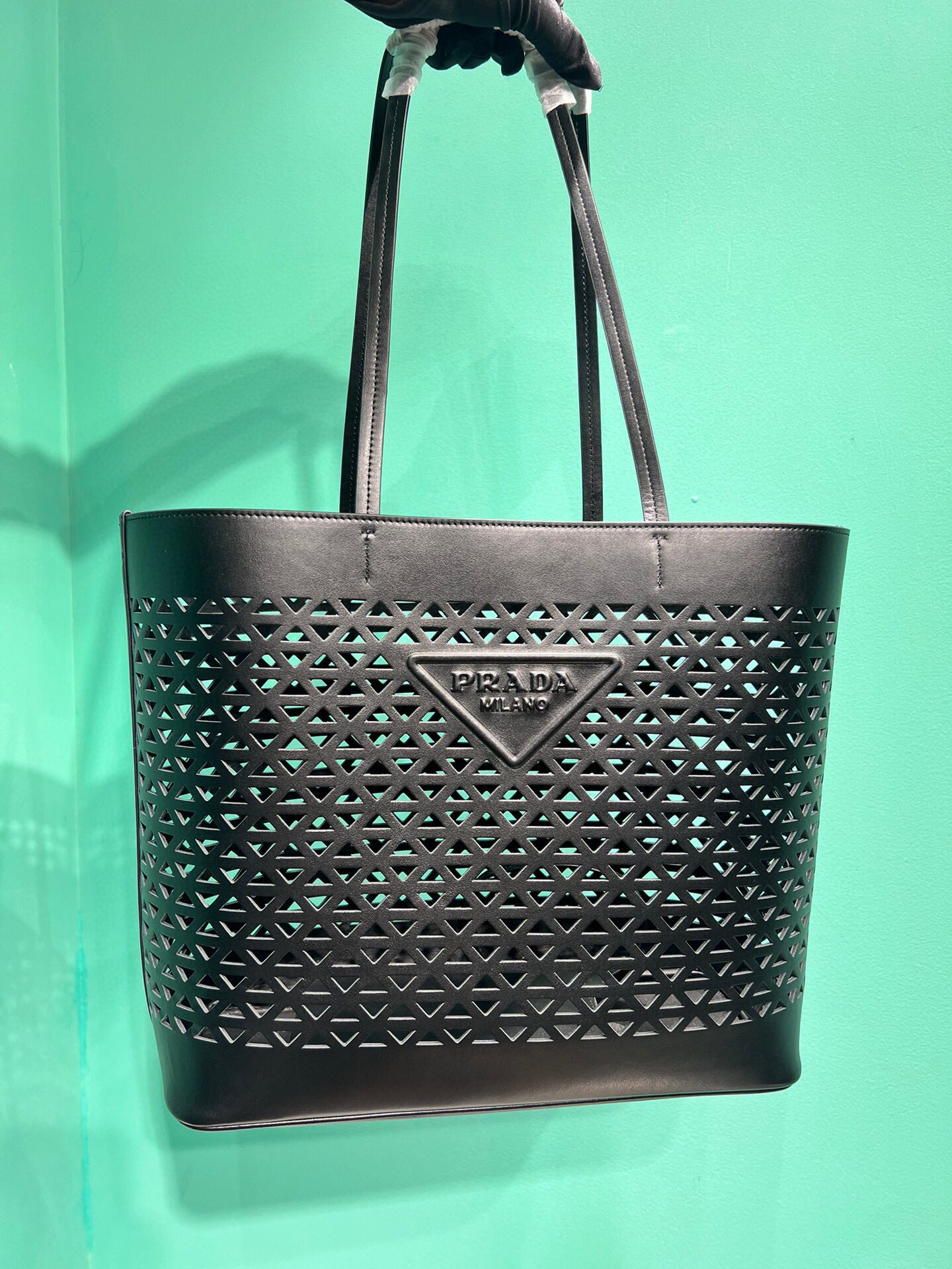 Prada Large Perforated Leather Tote Bag Handbag Black 1BG503